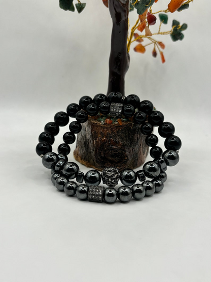 Custom Beaded Bracelet with Hematite Gemstones and Black Onyx - Personalized Jewelry set