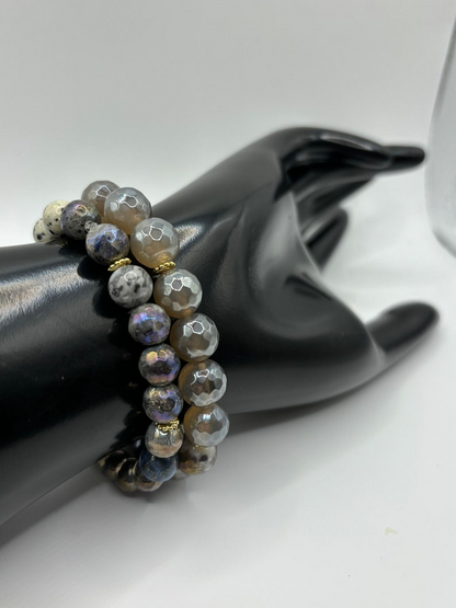 Set of 2 stunning faceted grey beads with hints of gold. This custom made piece is eye catching! Can be personalized!