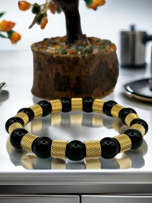 Fashionable Men Gold and Black Beaded Bracelet! Made With Gold Mesh Look Spacers And Black Onyx Represents Strength, Self Control And More