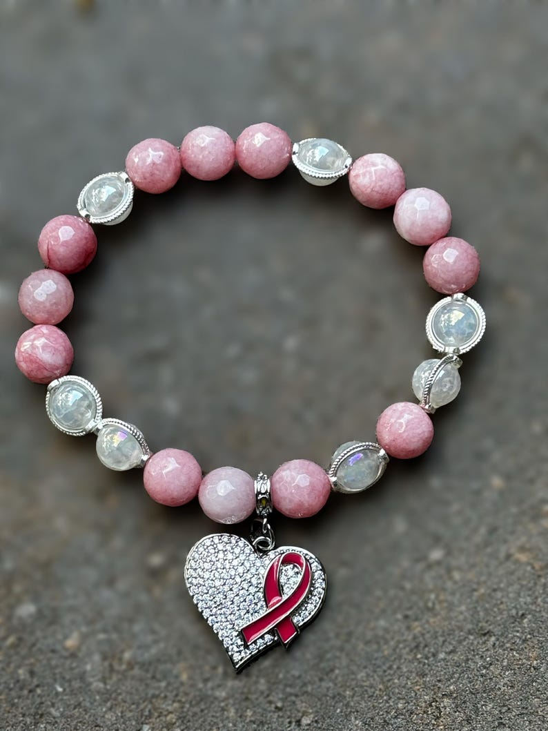 Stylish Beaded Breast Cancer Charm Bracelet! Made With Pink Jades Symbolizes; Emotional Healing, Self Love, Compassion and Harmony